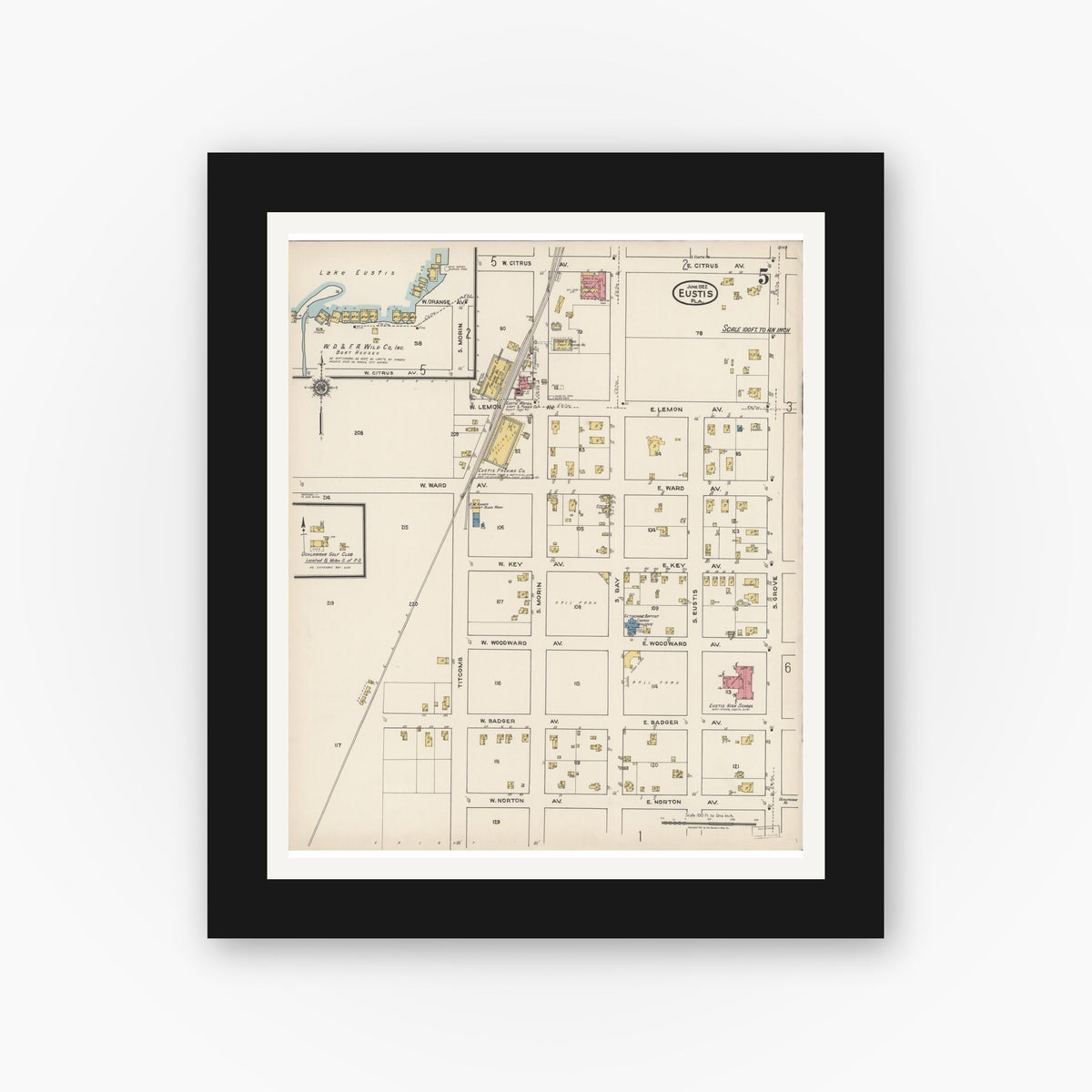 Old map wall art mockup — black gallery frame with white mat — Sanborn Fire Insurance Map from Eustis, Lake County, Florida (1922), Sheet #0005