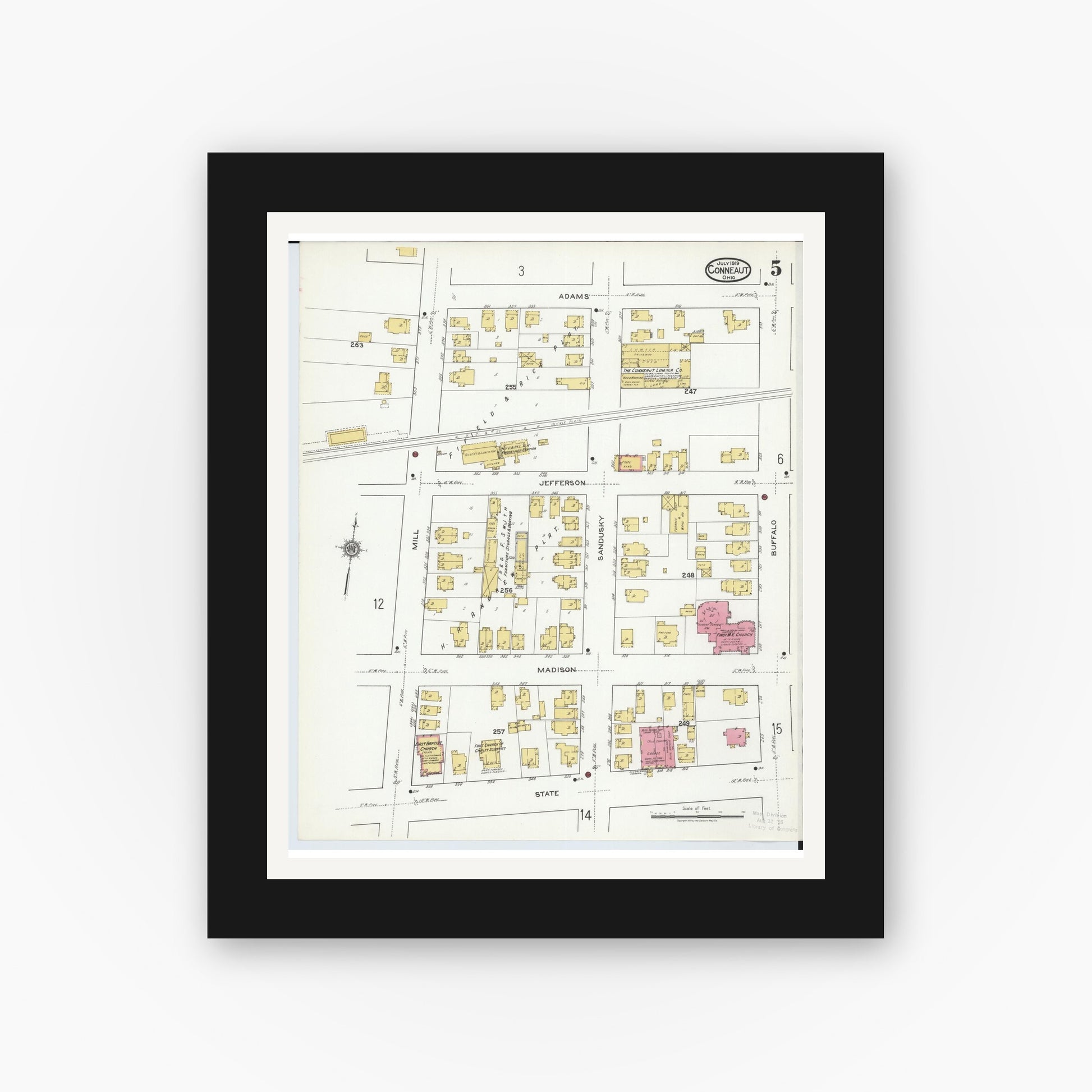 Old map wall art mockup — black gallery frame with white mat — Sanborn Fire Insurance Map from Conneaut, Ashtabula County, Ohio (1919), Sheet #0005