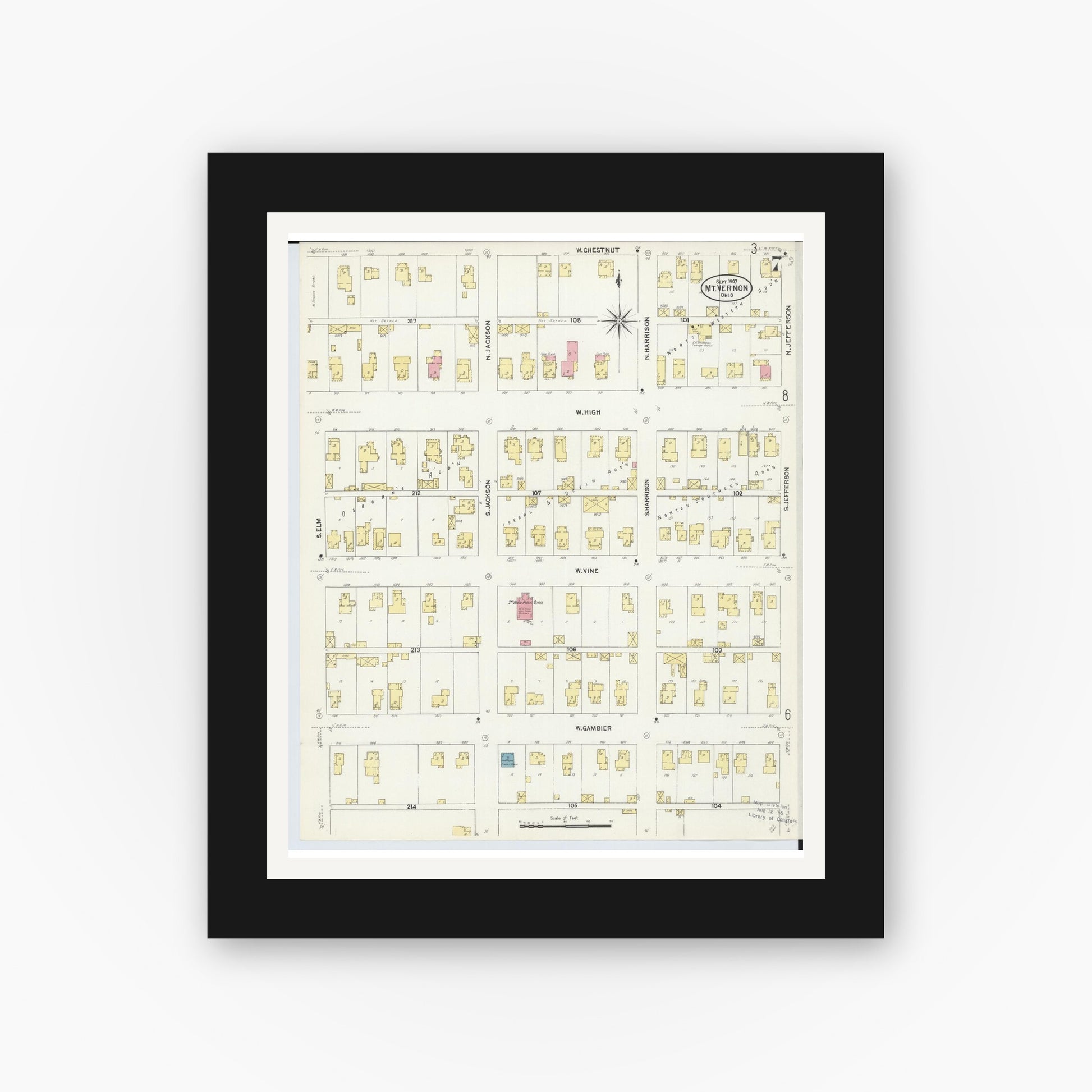 Old map wall art mockup — black gallery frame with white mat — Sanborn Fire Insurance Map from Mount Vernon, Knox County, Ohio (1907), Sheet #0007