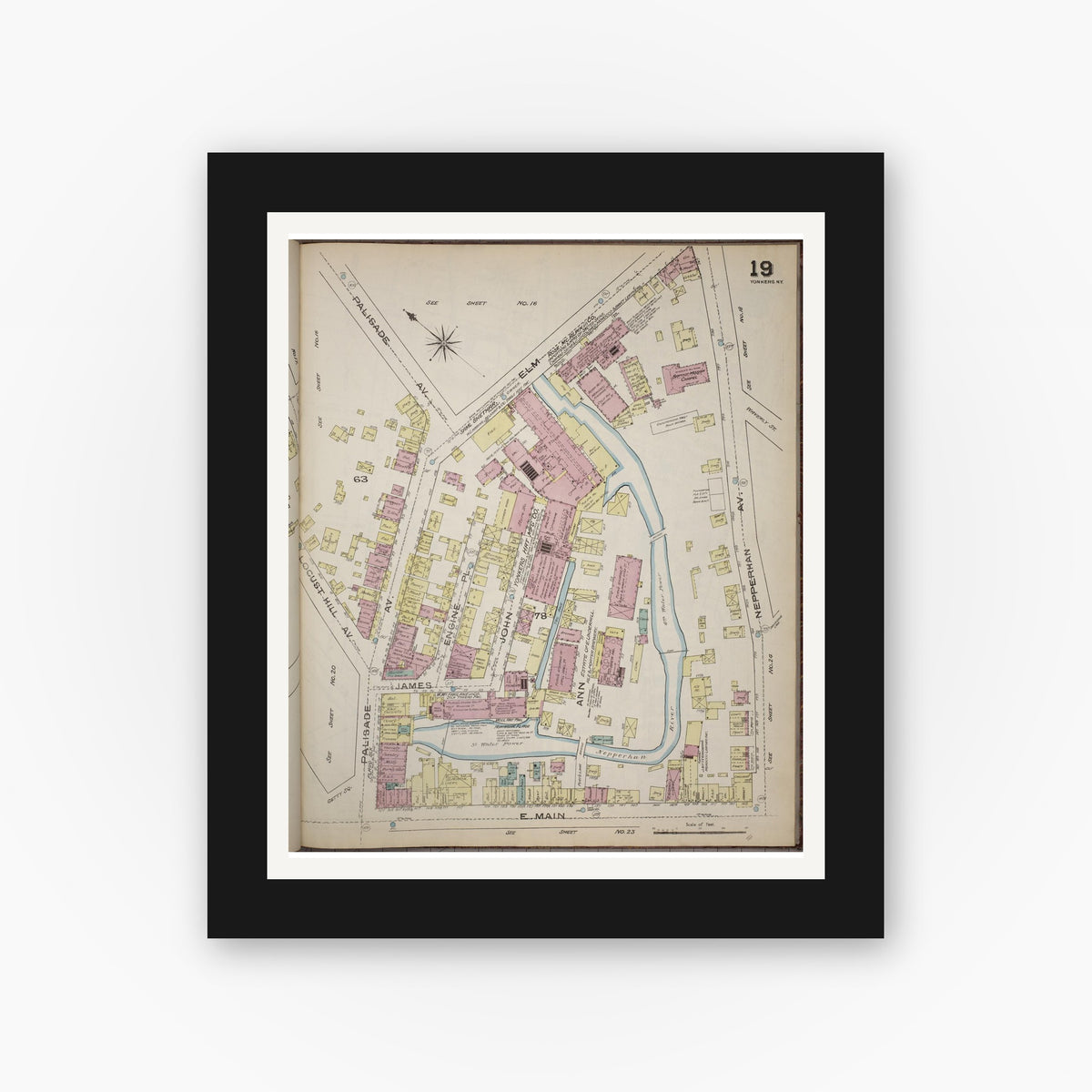 Old map wall art mockup — black gallery frame with white mat — Sanborn Fire Insurance Map from Yonkers, Westchester County, New York (1886), Sheet #0019
