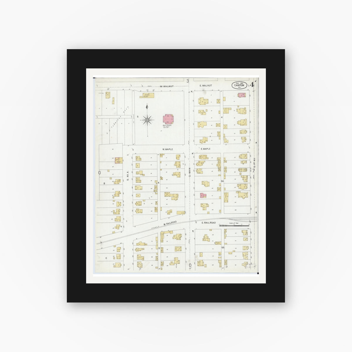 Old map wall art mockup — black gallery frame with white mat — Sanborn Fire Insurance Map from Canton, Fulton County, Illinois (1902), Sheet #0004