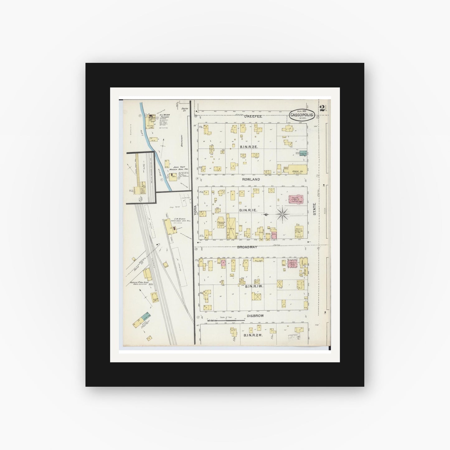 Old map wall art mockup — black gallery frame with white mat — Sanborn Fire Insurance Map from Cassopolis, Cass County, Michigan (1892), Sheet #0002