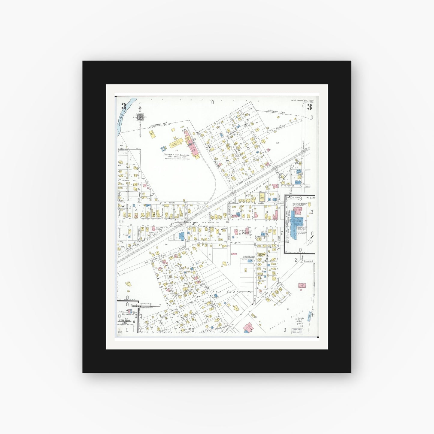Old map wall art mockup — black gallery frame with white mat — Sanborn Fire Insurance Map from West Jefferson, Madison County, Ohio (1952), Sheet #0003
