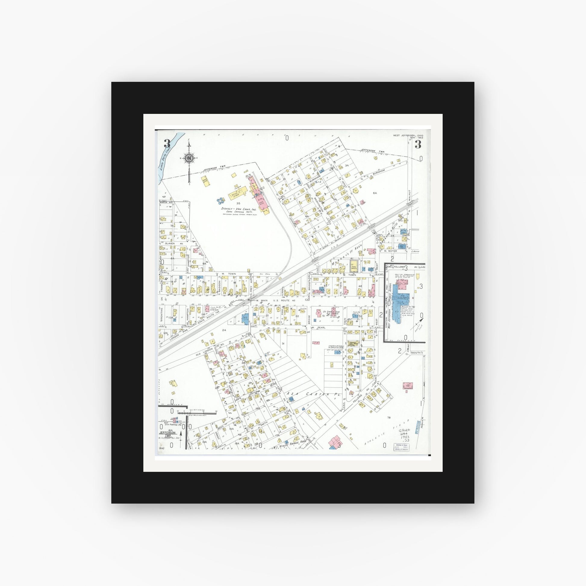 Old map wall art mockup — black gallery frame with white mat — Sanborn Fire Insurance Map from West Jefferson, Madison County, Ohio (1952), Sheet #0003