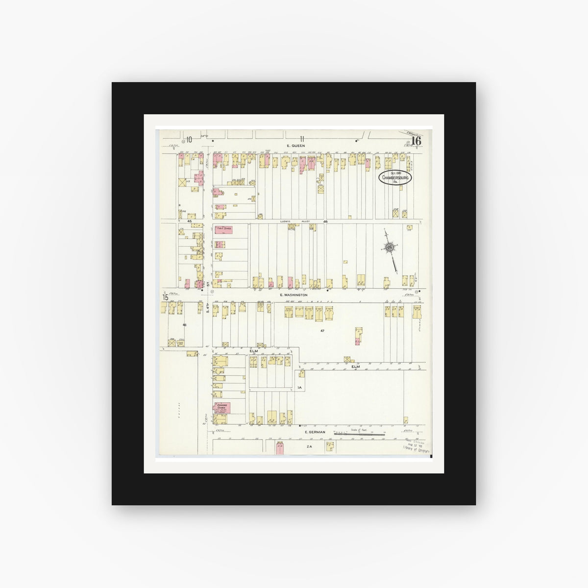 Old map wall art mockup — black gallery frame with white mat — Sanborn Fire Insurance Map from Chambersburg, Franklin County, Pennsylvania (1910), Sheet #0016