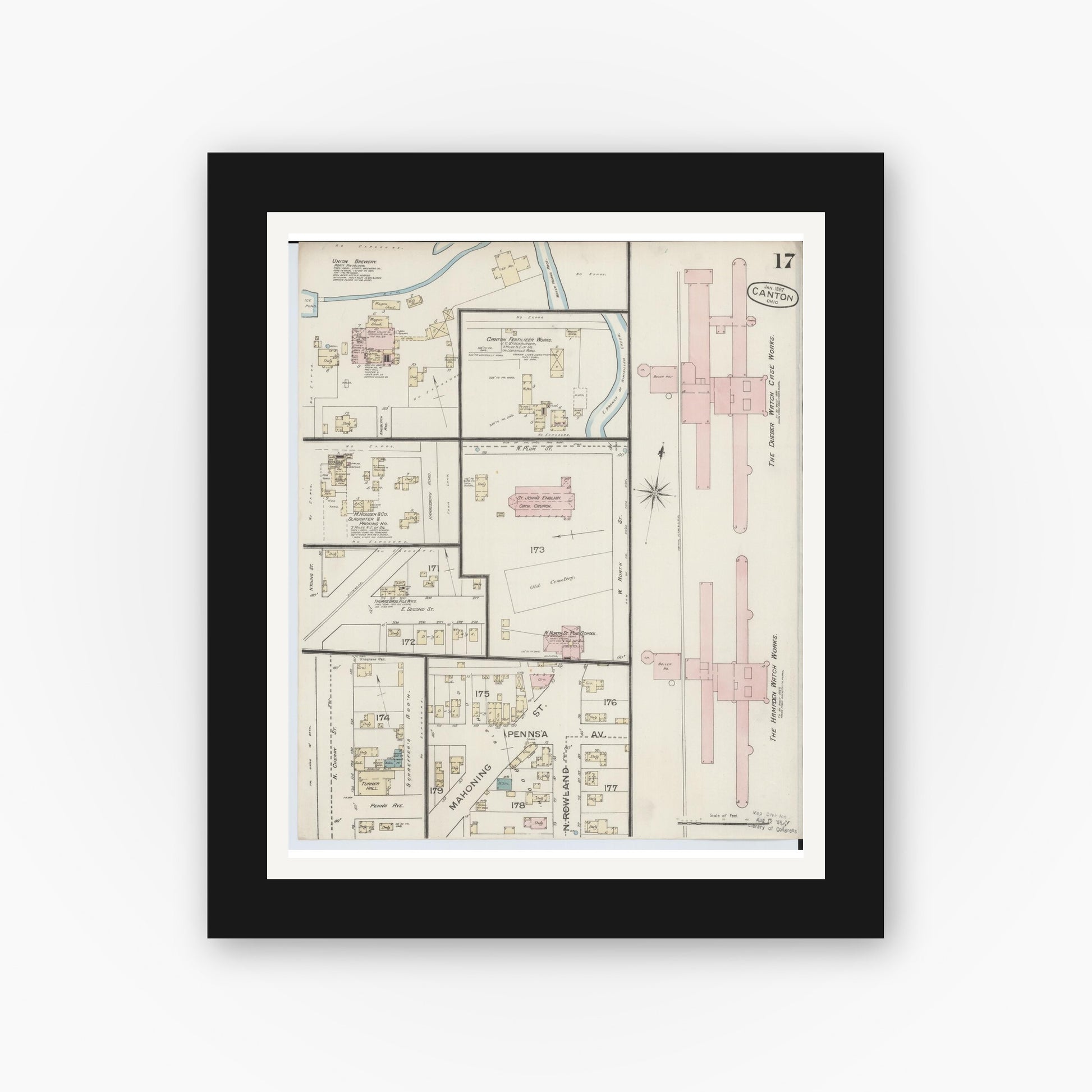 Old map wall art mockup — black gallery frame with white mat — Sanborn Fire Insurance Map from Canton, Stark County, Ohio (1887), Sheet #0017