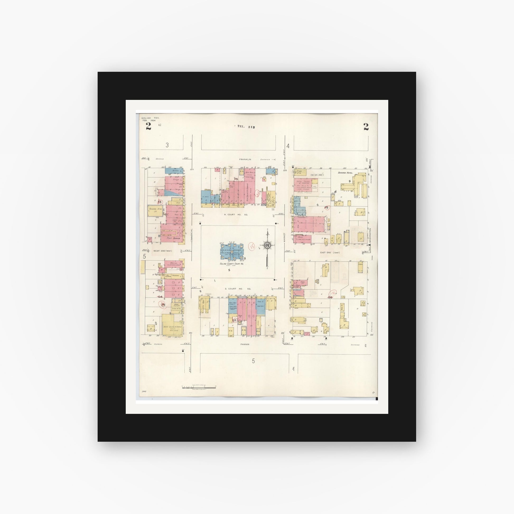 Old map wall art mockup — black gallery frame with white mat — Sanborn Fire Insurance Map from Goliad, Goliad County, Texas (1944), Sheet #0002