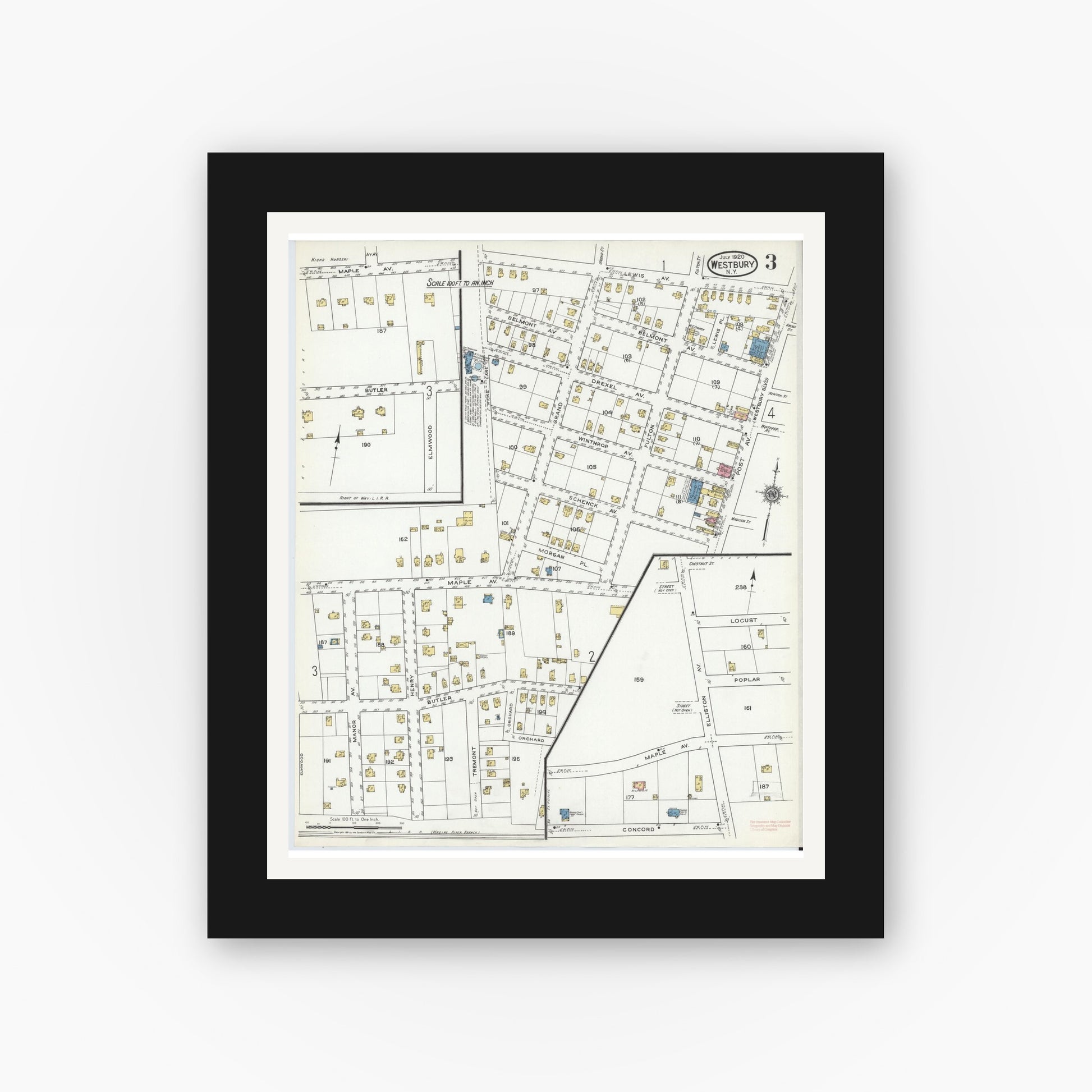 Old map wall art mockup — black gallery frame with white mat — Sanborn Fire Insurance Map from Westbury, Nassau County, New York (1920), Sheet #0003