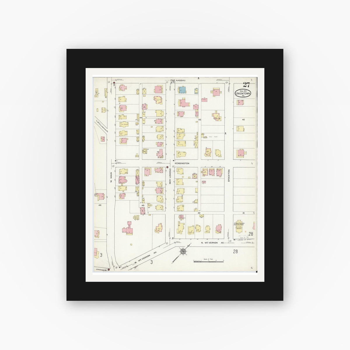 Old map wall art mockup — black gallery frame with white mat — Sanborn Fire Insurance Map from Uniontown, Fayette County, Pennsylvania (1914), Sheet #0027