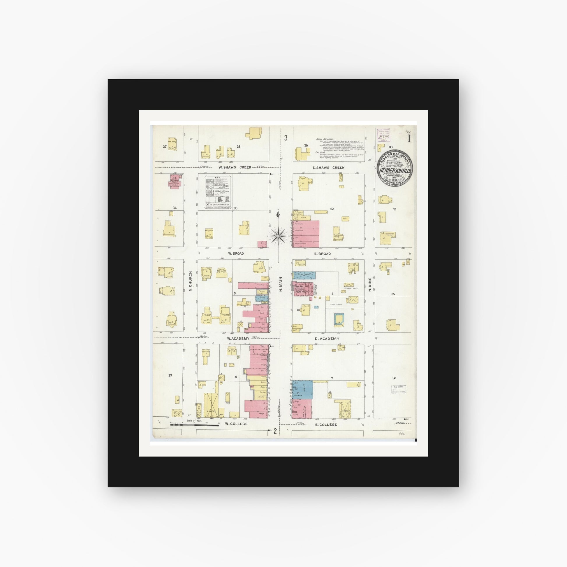 Old map wall art mockup — black gallery frame with white mat — Sanborn Fire Insurance Map from Hendersonville, Henderson County, North Carolina (1908), Sheet #0001