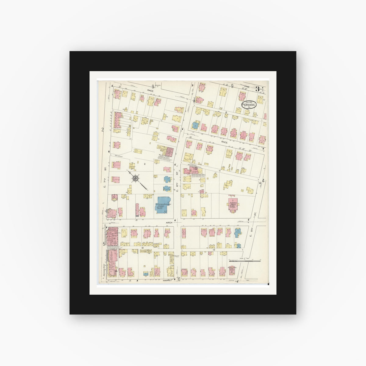Old map wall art mockup — black gallery frame with white mat — Sanborn Fire Insurance Map from Perkasie, Bucks County, Pennsylvania (1913), Sheet #0003