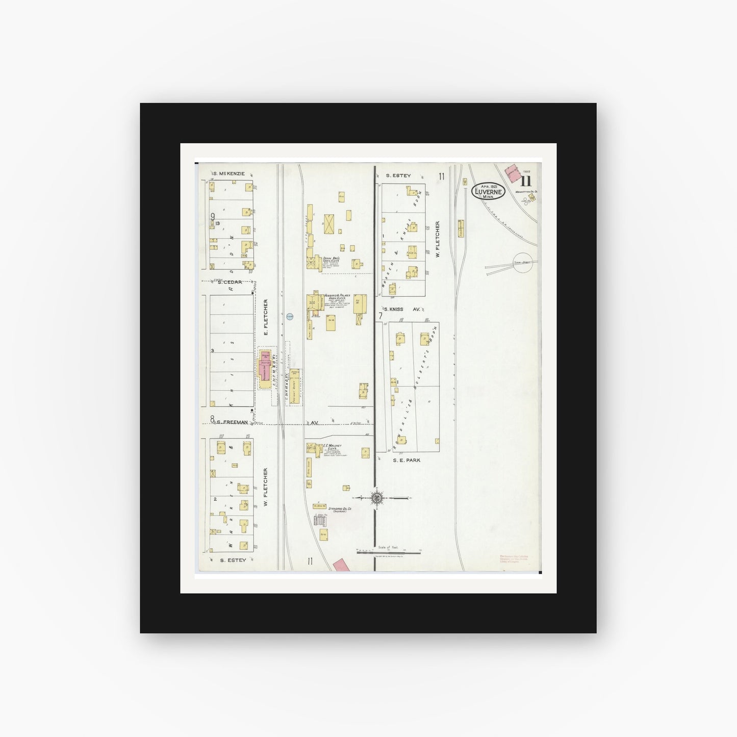 Old map wall art mockup — black gallery frame with white mat — Sanborn Fire Insurance Map from Luverne, Rock County, Minnesota (1921), Sheet #0011
