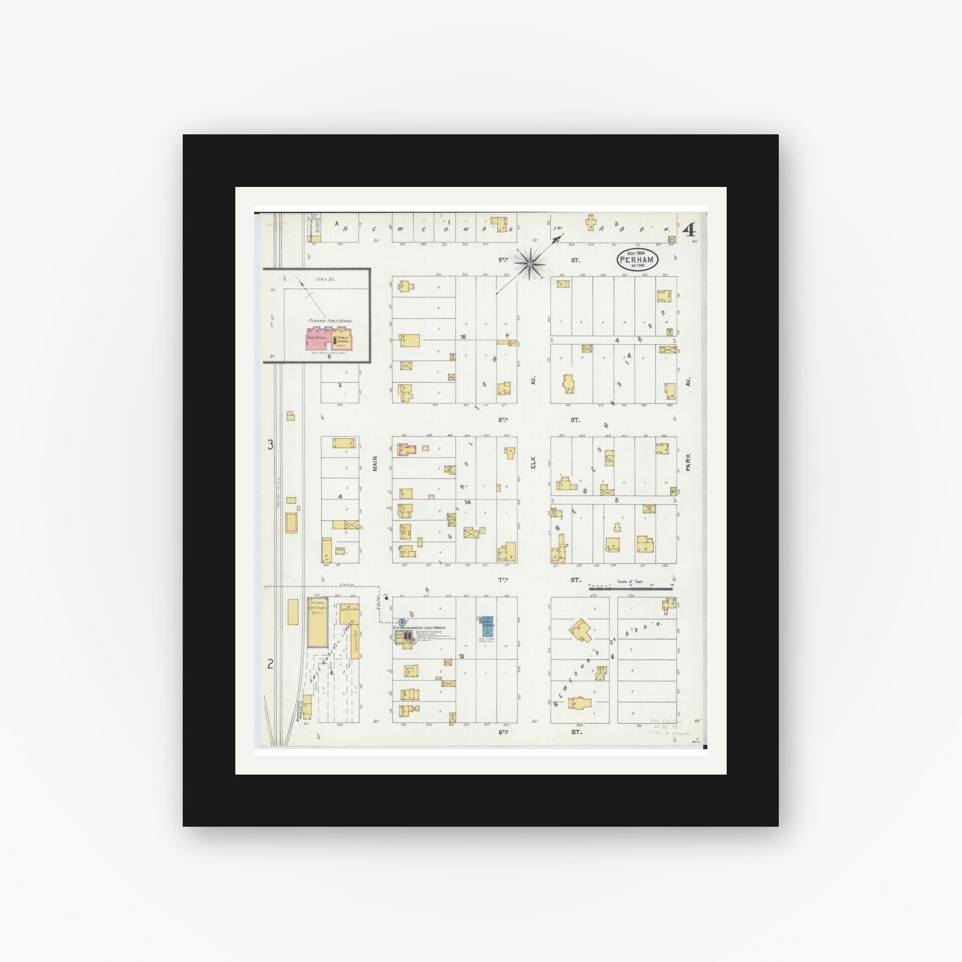 Old map wall art mockup — black gallery frame with white mat — Sanborn Fire Insurance Map from Perham, Otter Tail County, Minnesota (1904), Sheet #0004