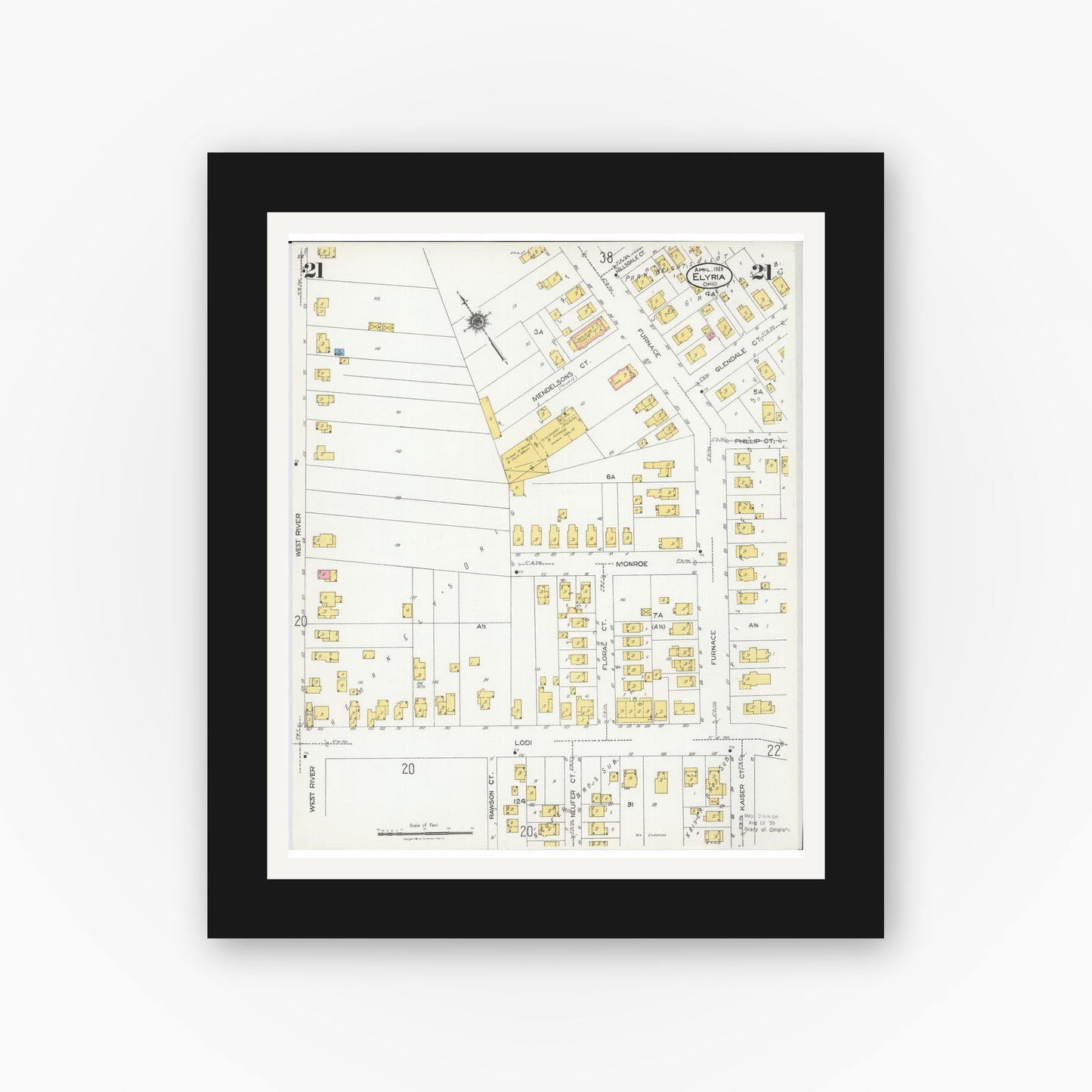 Old map wall art mockup — black gallery frame with white mat — Sanborn Fire Insurance Map from Elyria, Lorain County, Ohio (1925), Sheet #0021