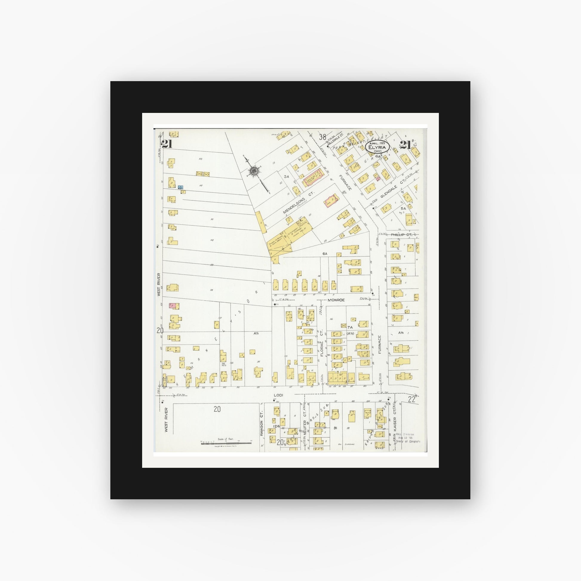 Old map wall art mockup — black gallery frame with white mat — Sanborn Fire Insurance Map from Elyria, Lorain County, Ohio (1925), Sheet #0021