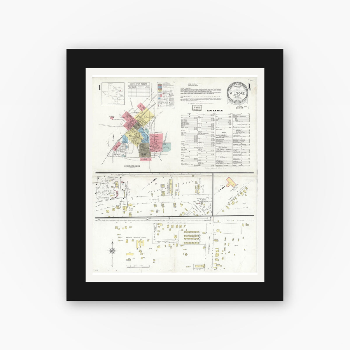 Old map wall art mockup — black gallery frame with white mat — Sanborn Fire Insurance Map from Kilgore, Gregg County, Texas (1936), Sheet #0001