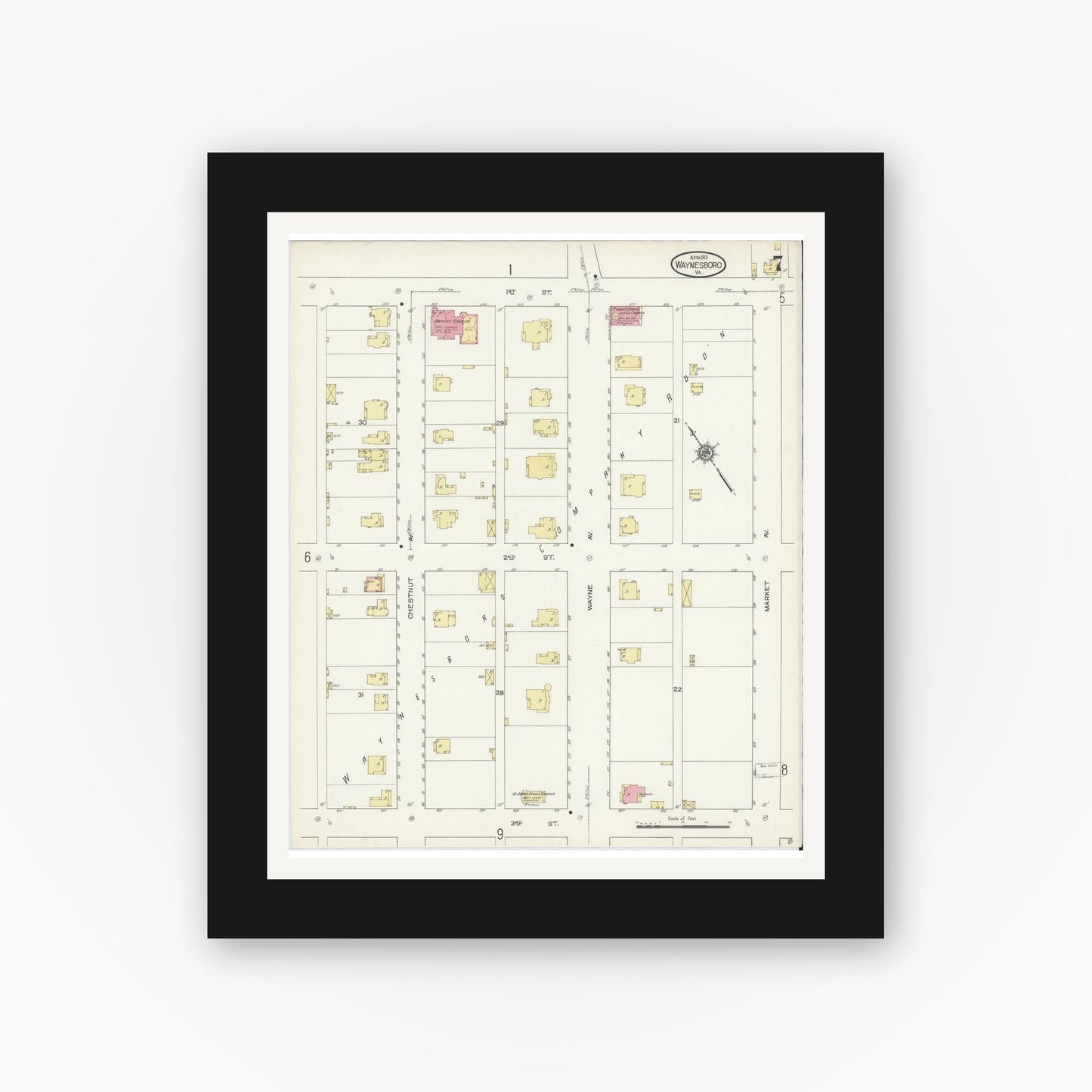 Old map wall art mockup — black gallery frame with white mat — Sanborn Fire Insurance Map from Waynesboro, Independent Cities, Virginia (1913), Sheet #0007