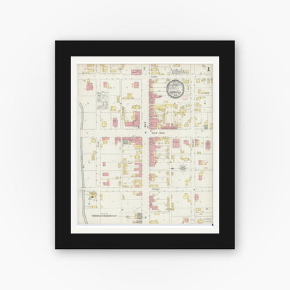 Old map wall art mockup — black gallery frame with white mat — Sanborn Fire Insurance Map from Centerville, Wayne County, Indiana (1896), Sheet #0001