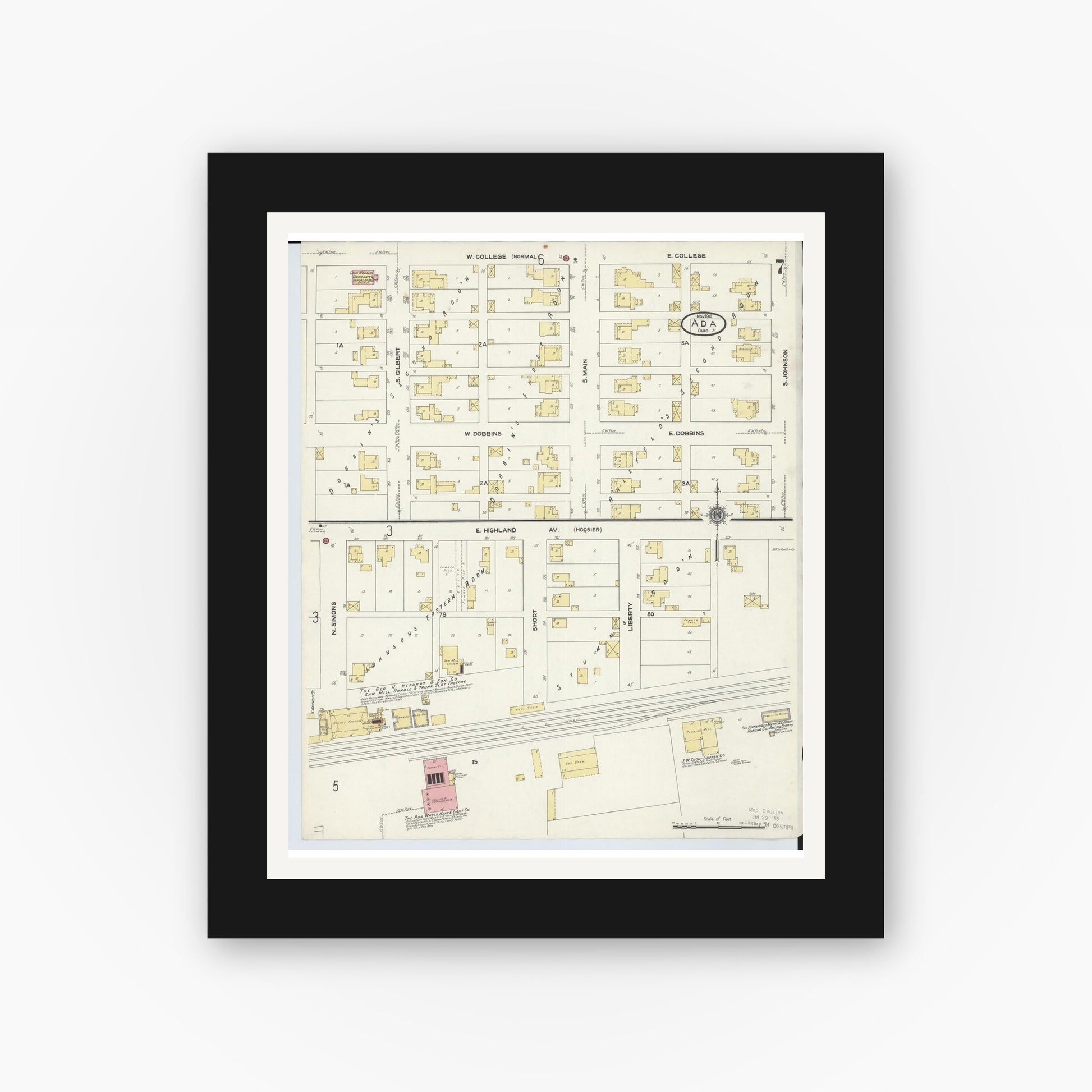 Old map wall art mockup — black gallery frame with white mat — Sanborn Fire Insurance Map from Ada, Hardin County, Ohio (1910), Sheet #0007