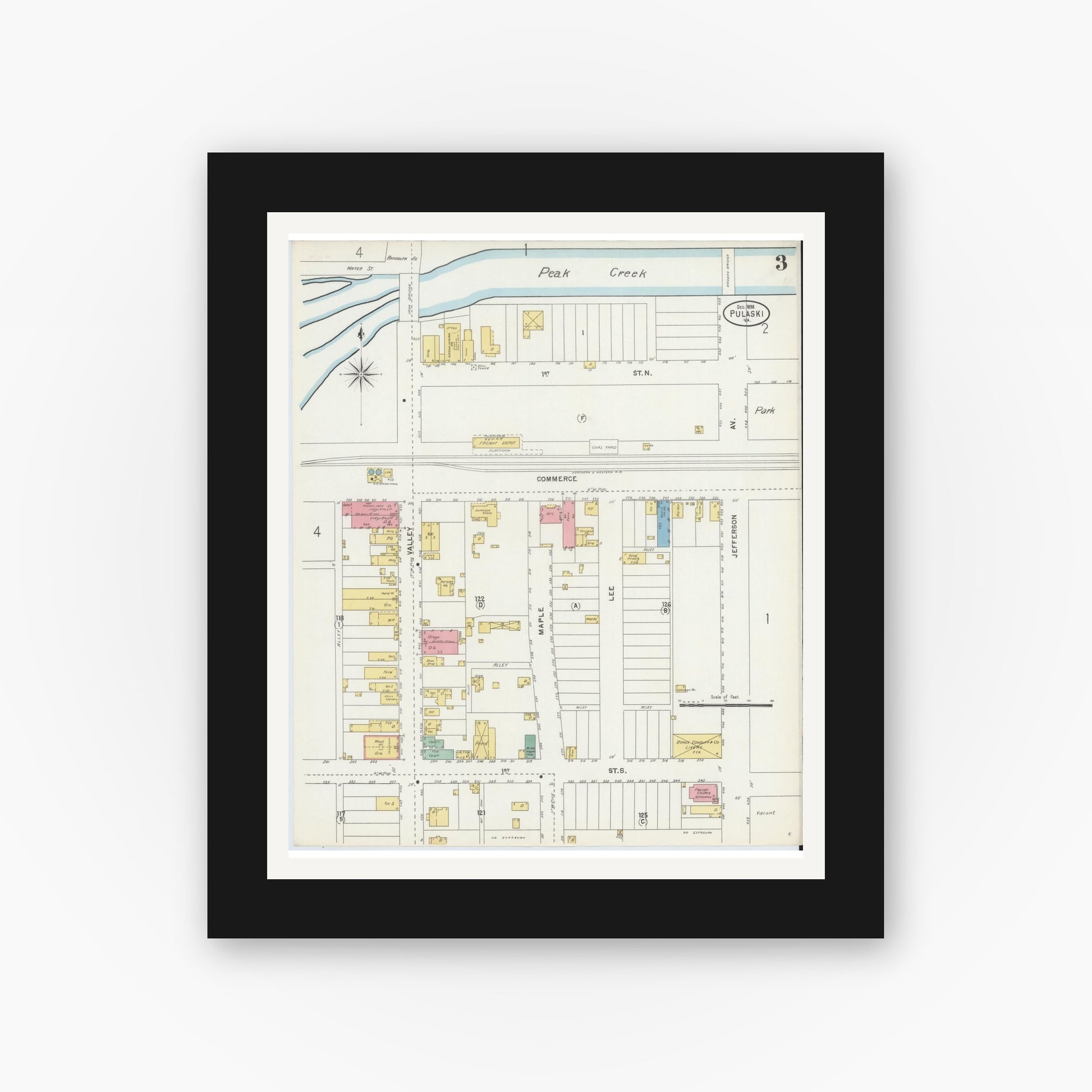 Old map wall art mockup — black gallery frame with white mat — Sanborn Fire Insurance Map from Pulaski, Pulaski County, Virginia (1898), Sheet #0003