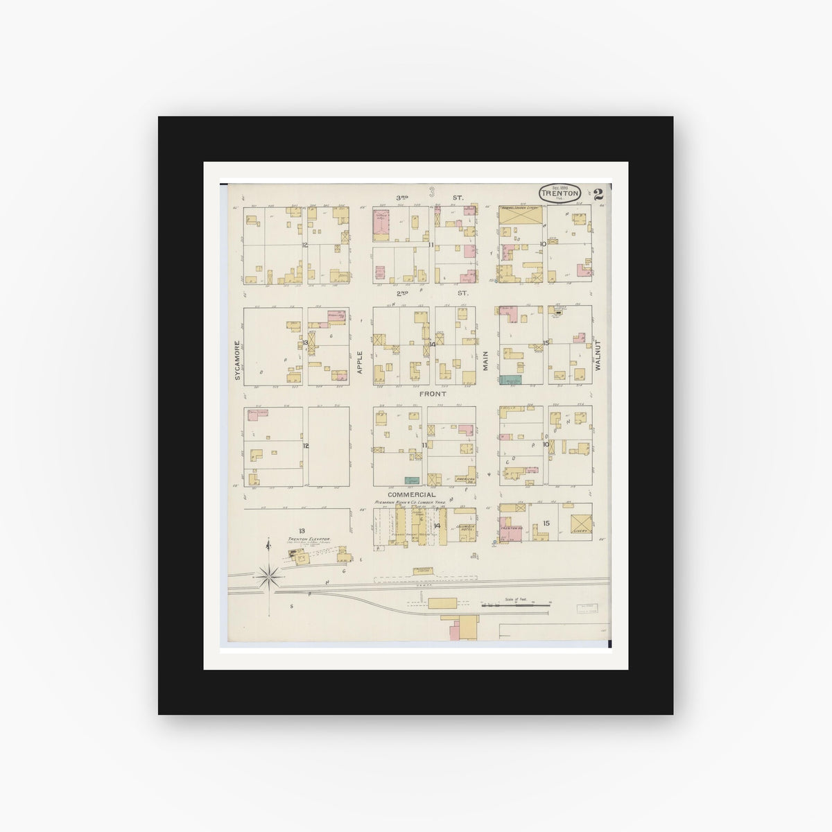 Old map wall art mockup — black gallery frame with white mat — Sanborn Fire Insurance Map from Trenton, Clinton County, Illinois (1893), Sheet #0002