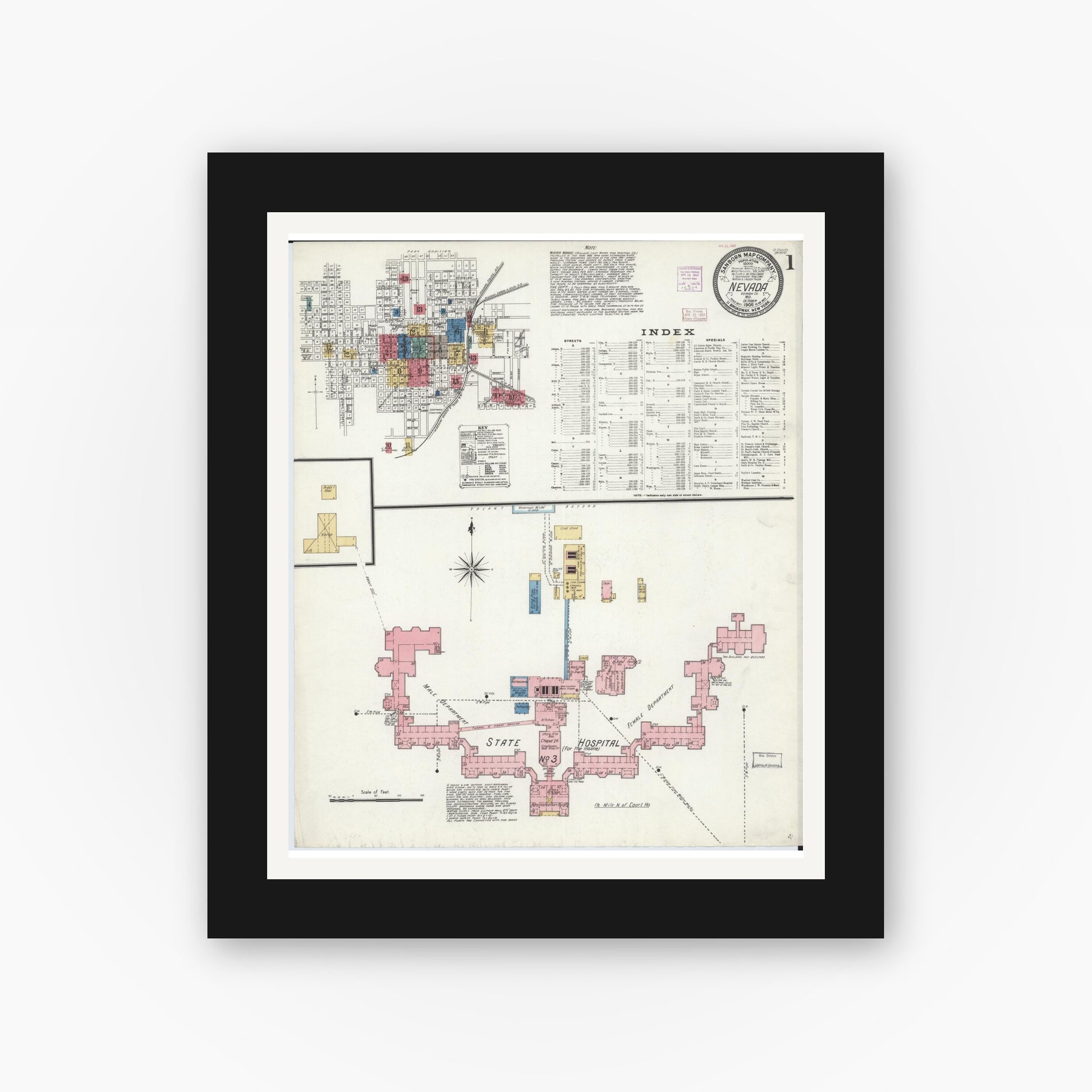 Old map wall art mockup — black gallery frame with white mat — Sanborn Fire Insurance Map from Nevada, Vernon County, Missouri (1906) - Complete Map Set