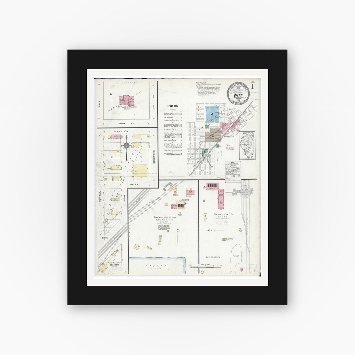 Old map wall art mockup — black gallery frame with white mat — Sanborn Fire Insurance Map from Witt, Montgomery County, Illinois (1914), Sheet #0001