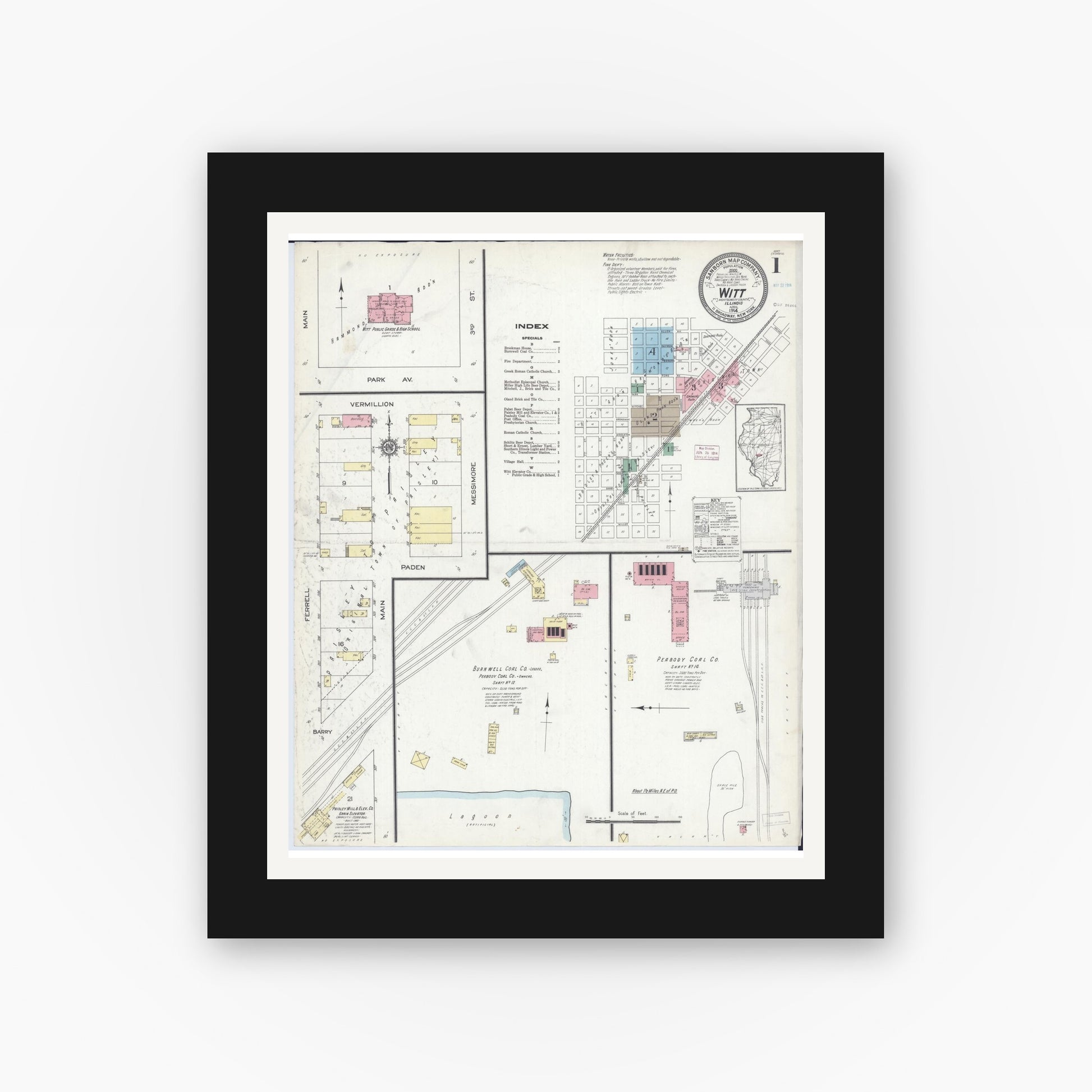 Old map wall art mockup — black gallery frame with white mat — Sanborn Fire Insurance Map from Witt, Montgomery County, Illinois (1914), Sheet #0001