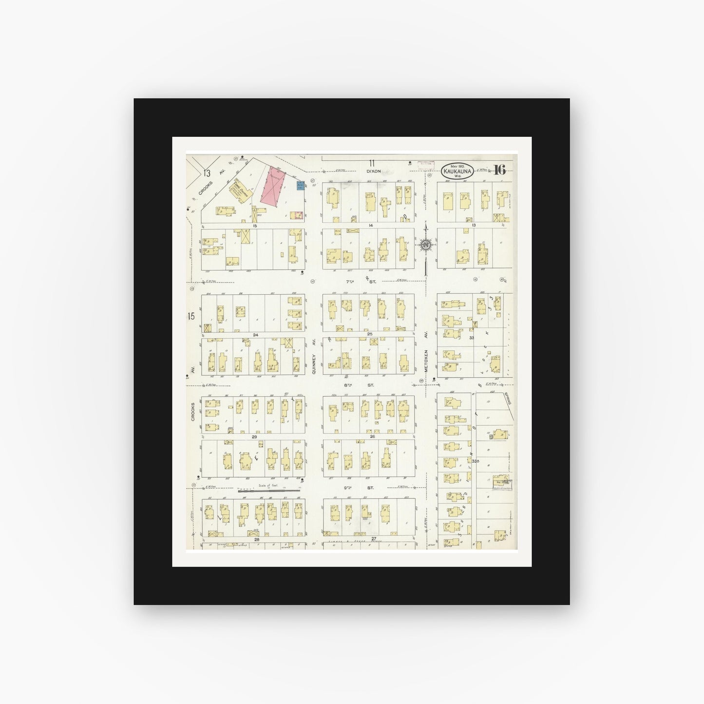 Old map wall art mockup — black gallery frame with white mat — Sanborn Fire Insurance Map from Kaukauna, Outagamie County, Wisconsin (1913), Sheet #0016