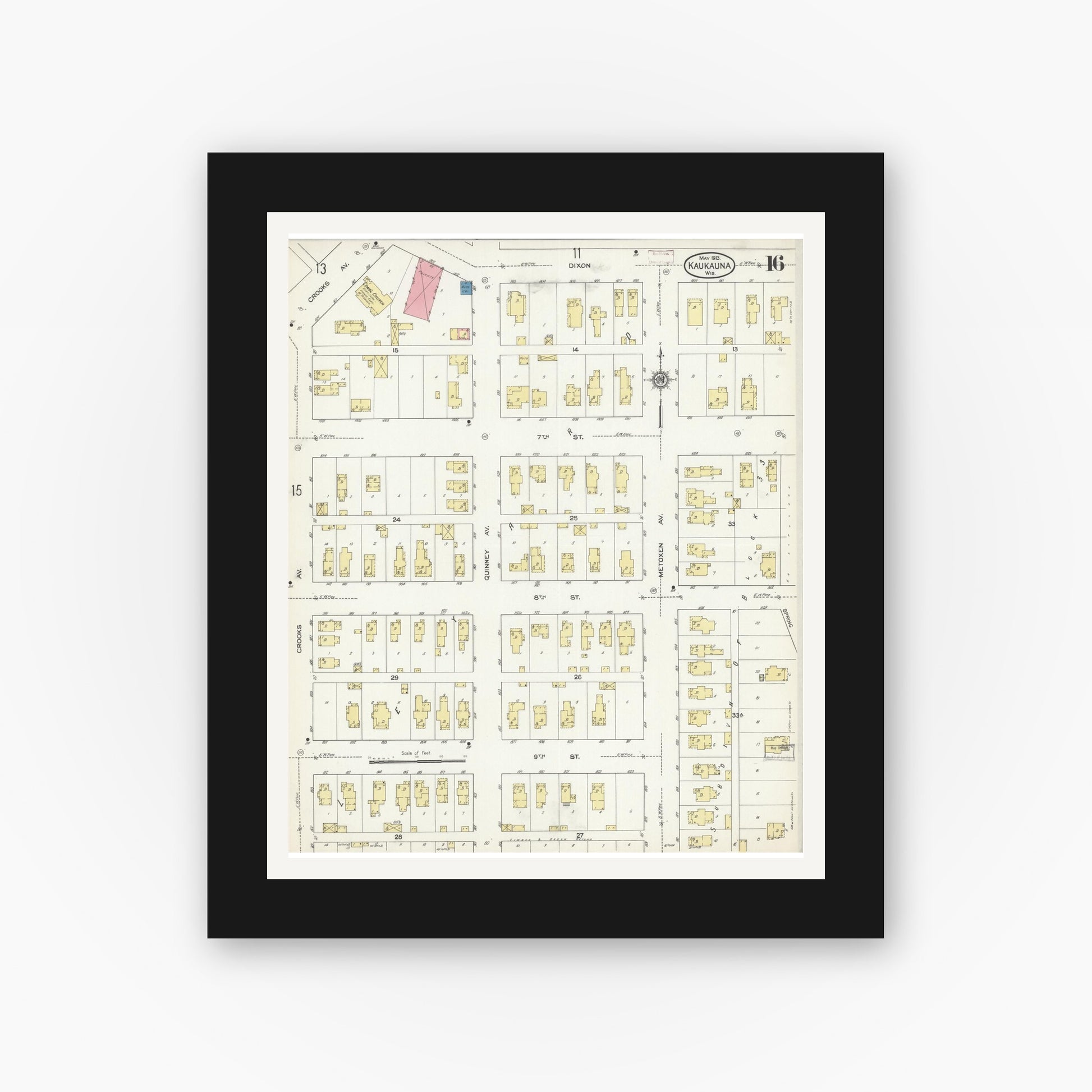 Old map wall art mockup — black gallery frame with white mat — Sanborn Fire Insurance Map from Kaukauna, Outagamie County, Wisconsin (1913), Sheet #0016
