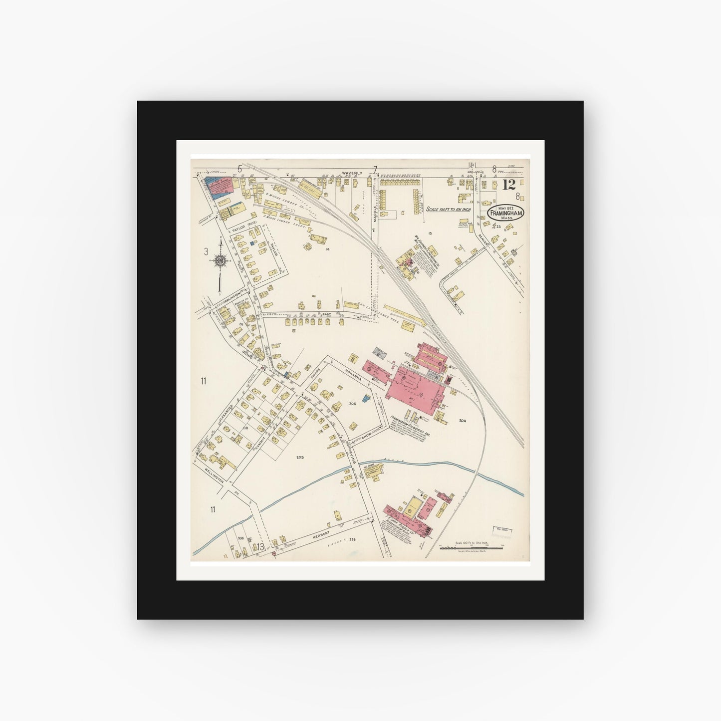 Old map wall art mockup — black gallery frame with white mat — Sanborn Fire Insurance Map from Framingham, Middlesex County, Massachusetts (1922), Sheet #0012