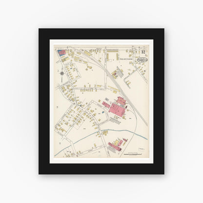 Old map wall art mockup — black gallery frame with white mat — Sanborn Fire Insurance Map from Framingham, Middlesex County, Massachusetts (1922), Sheet #0012