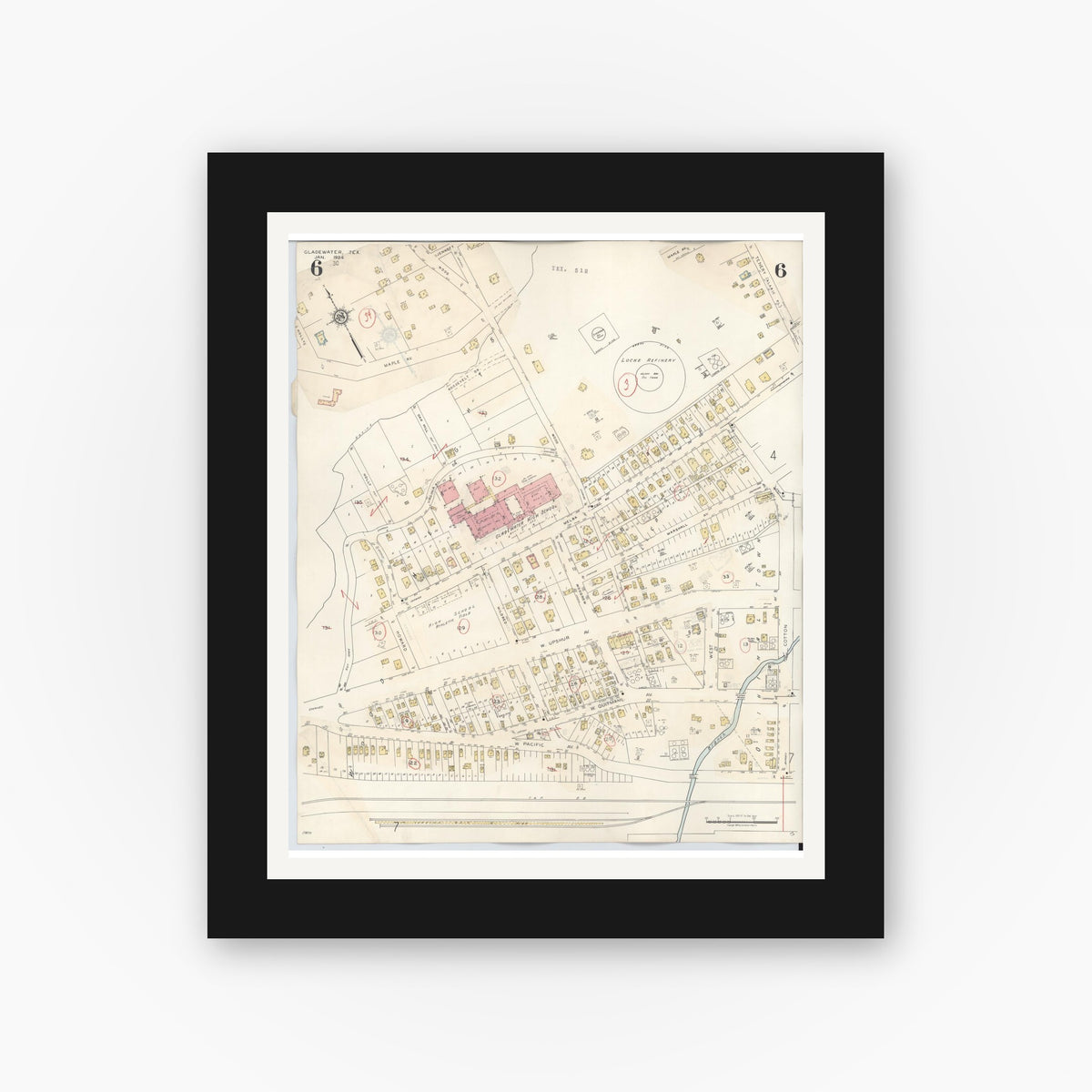 Old map wall art mockup — black gallery frame with white mat — Sanborn Fire Insurance Map from Gladewater, Gregg County, Texas (1938), Sheet #0006