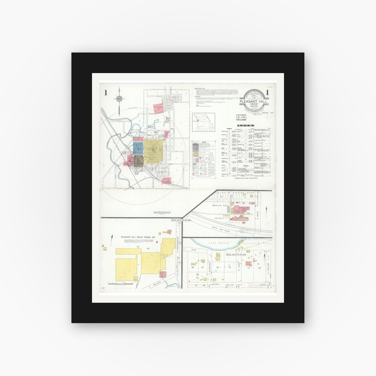Old map wall art mockup — black gallery frame with white mat — Sanborn Fire Insurance Map from Pleasant Hill, Cass County, Missouri (1932) - Complete Map Set