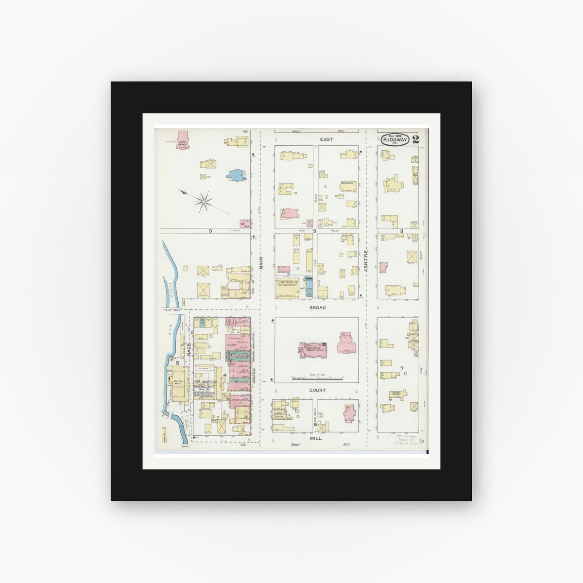 Old map wall art mockup — black gallery frame with white mat — Sanborn Fire Insurance Map from Ridgway, Elk County, Pennsylvania (1892), Sheet #0002