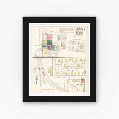Old map wall art mockup — black gallery frame with white mat — Sanborn Fire Insurance Map from West Liberty, Muscatine County, Iowa (1922) â€” Complete Set
