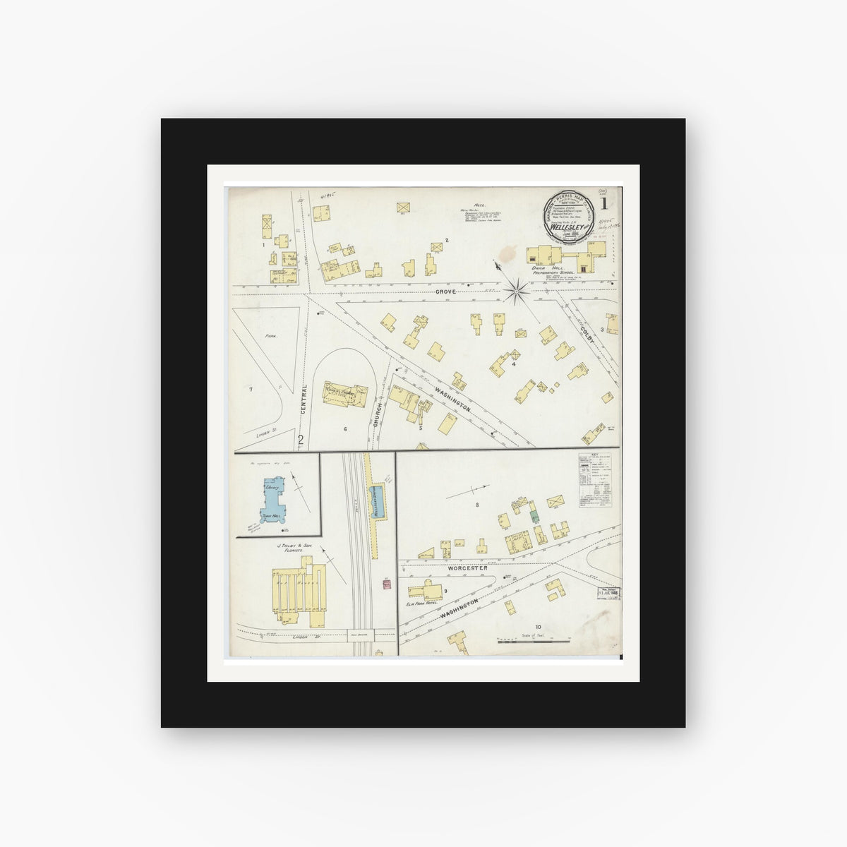 Old map wall art mockup — black gallery frame with white mat — Sanborn Fire Insurance Map from Wellesley, Norfolk County, Massachusetts (1896), Sheet #0001