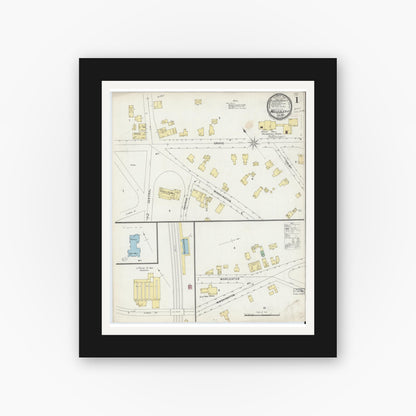 Old map wall art mockup — black gallery frame with white mat — Sanborn Fire Insurance Map from Wellesley, Norfolk County, Massachusetts (1896), Sheet #0001
