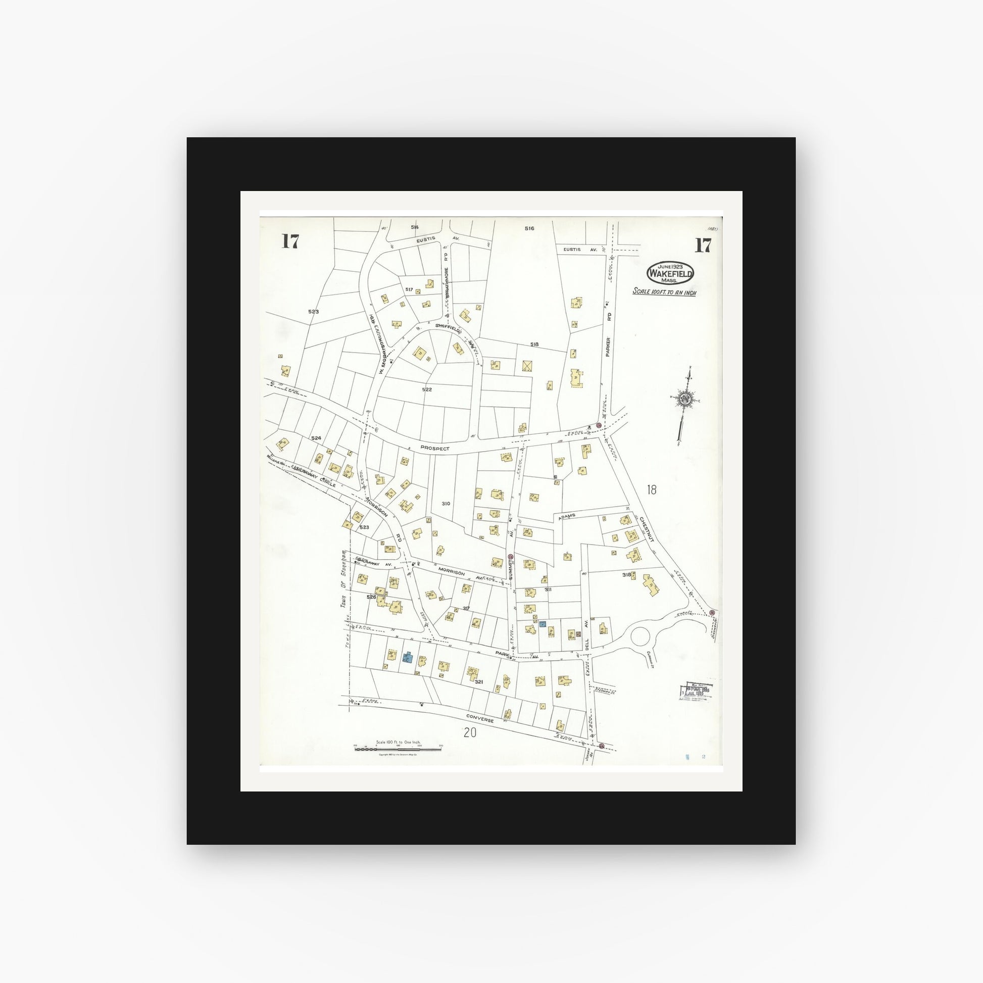 Old map wall art mockup — black gallery frame with white mat — Sanborn Fire Insurance Map from Wakefield, Middlesex County, Massachusetts (1923), Sheet #0017