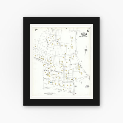 Old map wall art mockup — black gallery frame with white mat — Sanborn Fire Insurance Map from Wakefield, Middlesex County, Massachusetts (1923), Sheet #0017