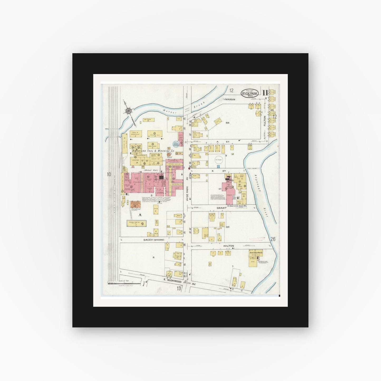 Old map wall art mockup — black gallery frame with white mat — Sanborn Fire Insurance Map from Hyde Park, Norfolk County, Massachusetts (1917), Sheet #0011