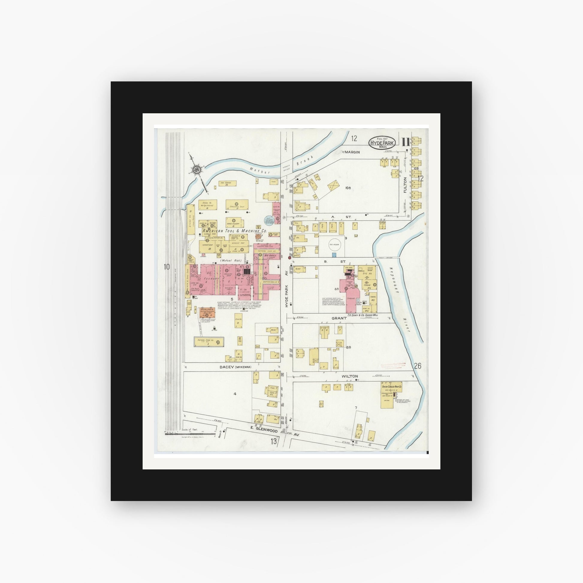 Old map wall art mockup — black gallery frame with white mat — Sanborn Fire Insurance Map from Hyde Park, Norfolk County, Massachusetts (1917), Sheet #0011