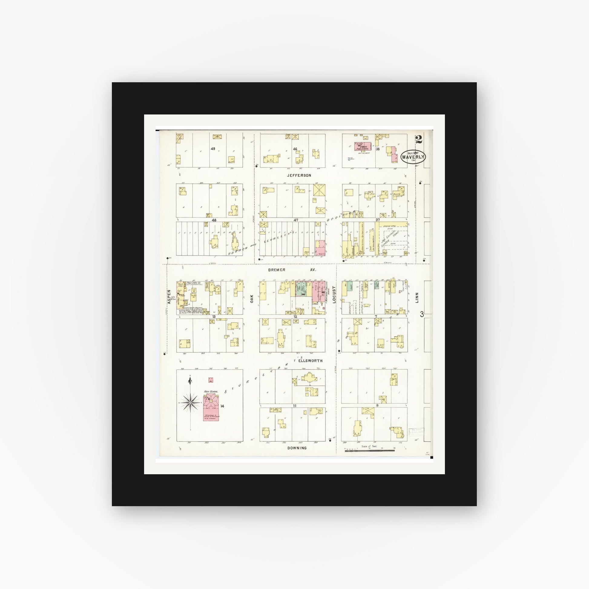 Old map wall art mockup — black gallery frame with white mat — Sanborn Fire Insurance Map from Waverly, Bremer County, Iowa (1897), Sheet #0002