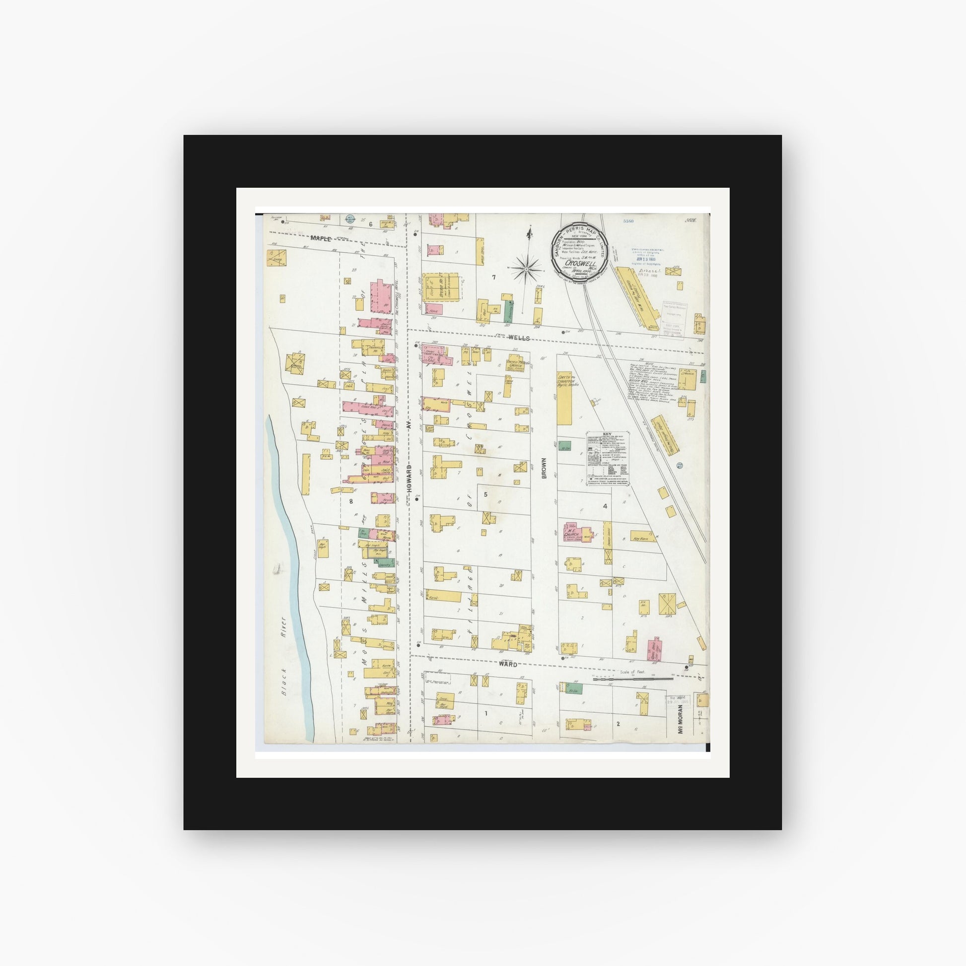 Old map wall art mockup — black gallery frame with white mat — Sanborn Fire Insurance Map from Croswell, Sanilac County, Michigan (1900), Sheet #0001