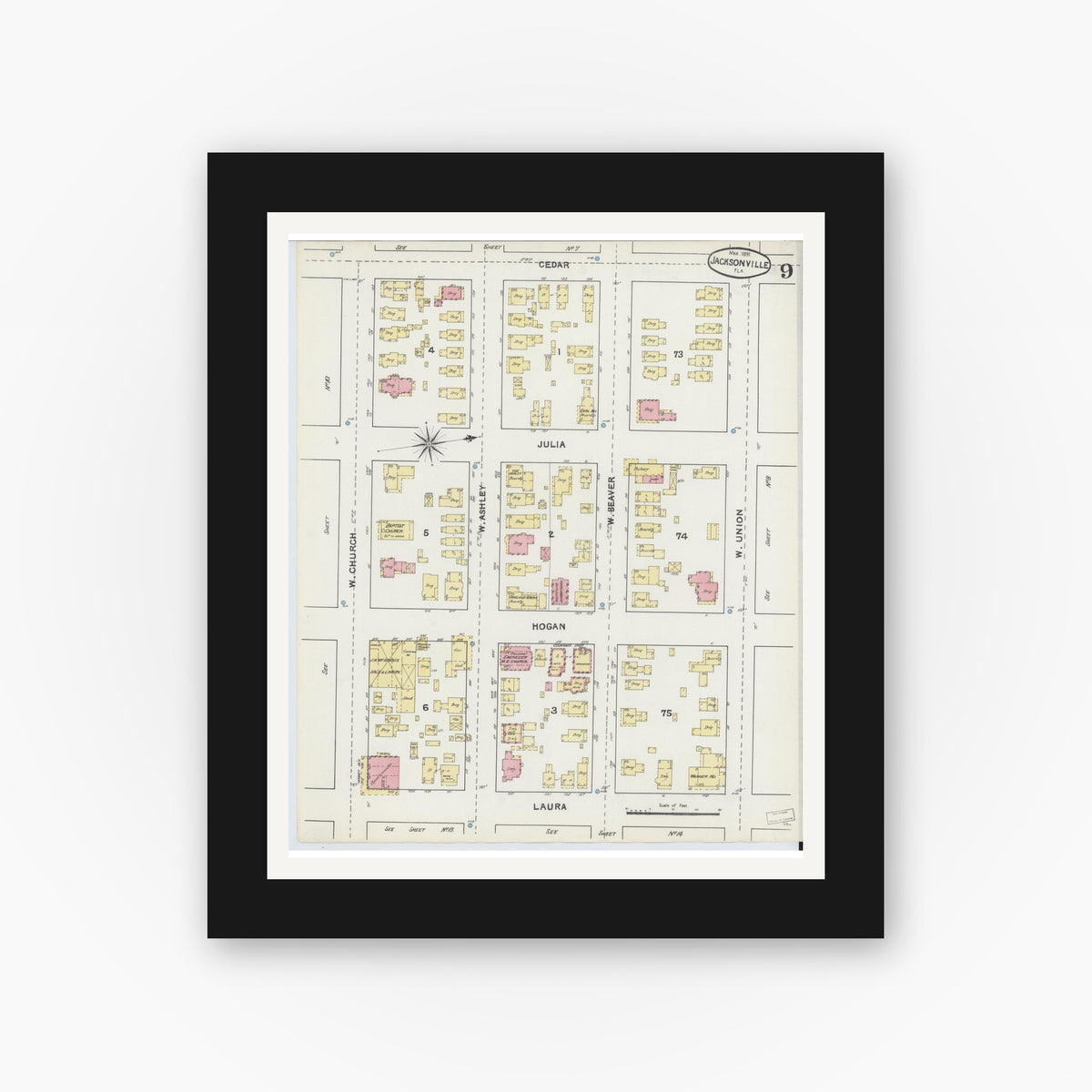 Old map wall art mockup — black gallery frame with white mat — Sanborn Fire Insurance Map from Jacksonville, Duval County, Florida (1891), Sheet #0009