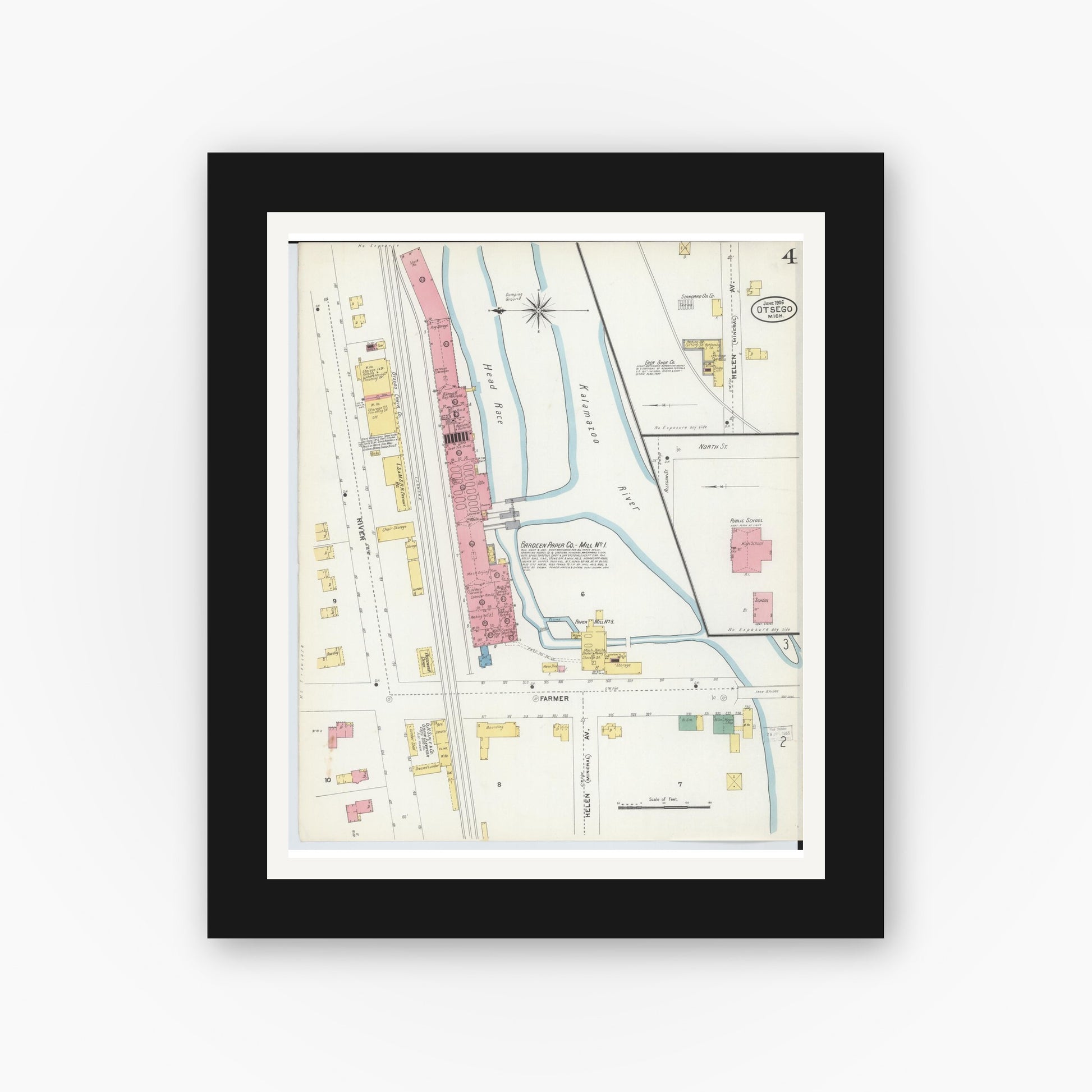 Old map wall art mockup — black gallery frame with white mat — Sanborn Fire Insurance Map from Otsego, Allegan County, Michigan (1906), Sheet #0004