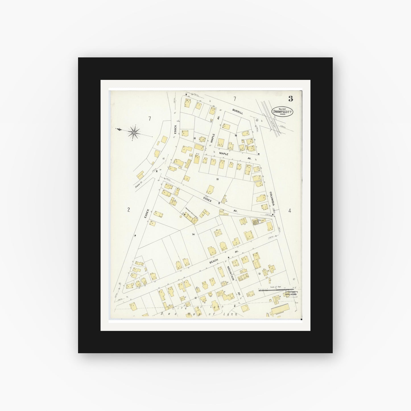 Old map wall art mockup — black gallery frame with white mat — Sanborn Fire Insurance Map from Swampscott, Essex County, Massachusetts (1907), Sheet #0003