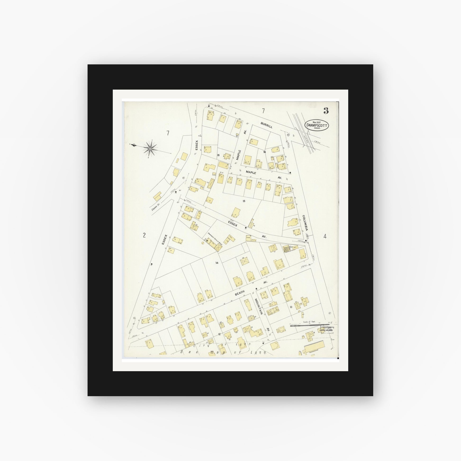 Old map wall art mockup — black gallery frame with white mat — Sanborn Fire Insurance Map from Swampscott, Essex County, Massachusetts (1907), Sheet #0003