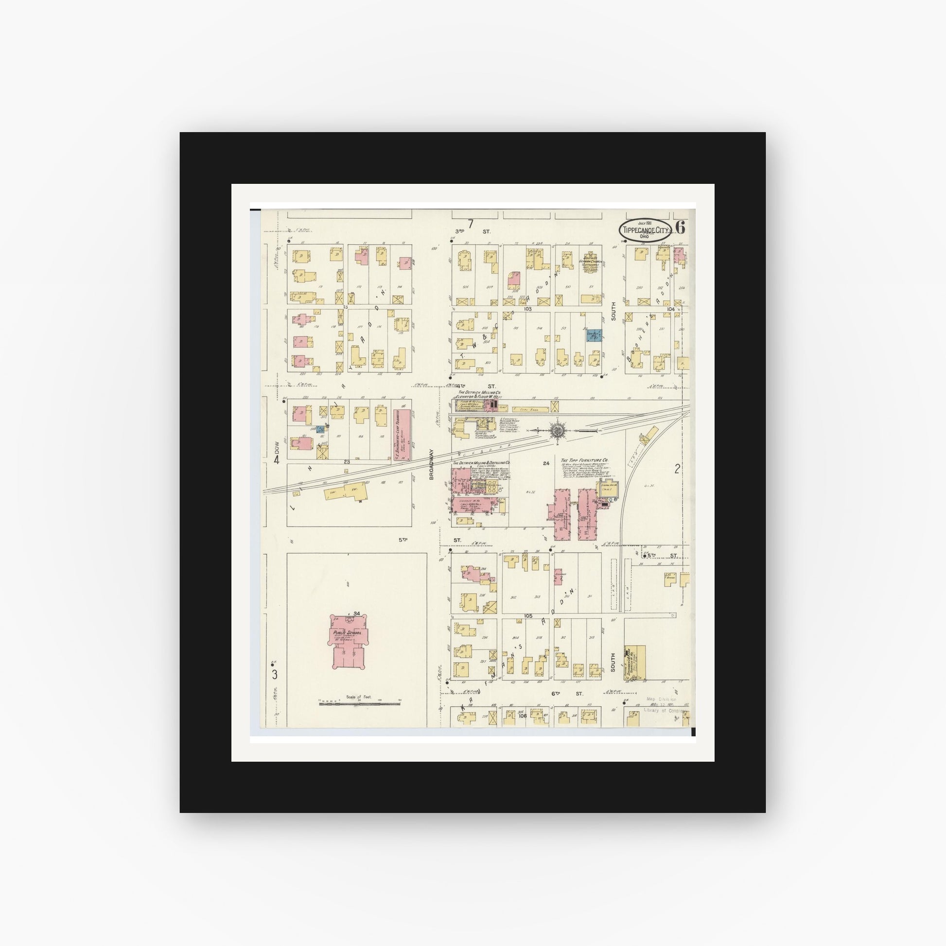 Old map wall art mockup — black gallery frame with white mat — Sanborn Fire Insurance Map from Tipp City, Miami County, Ohio (1911), Sheet #0006