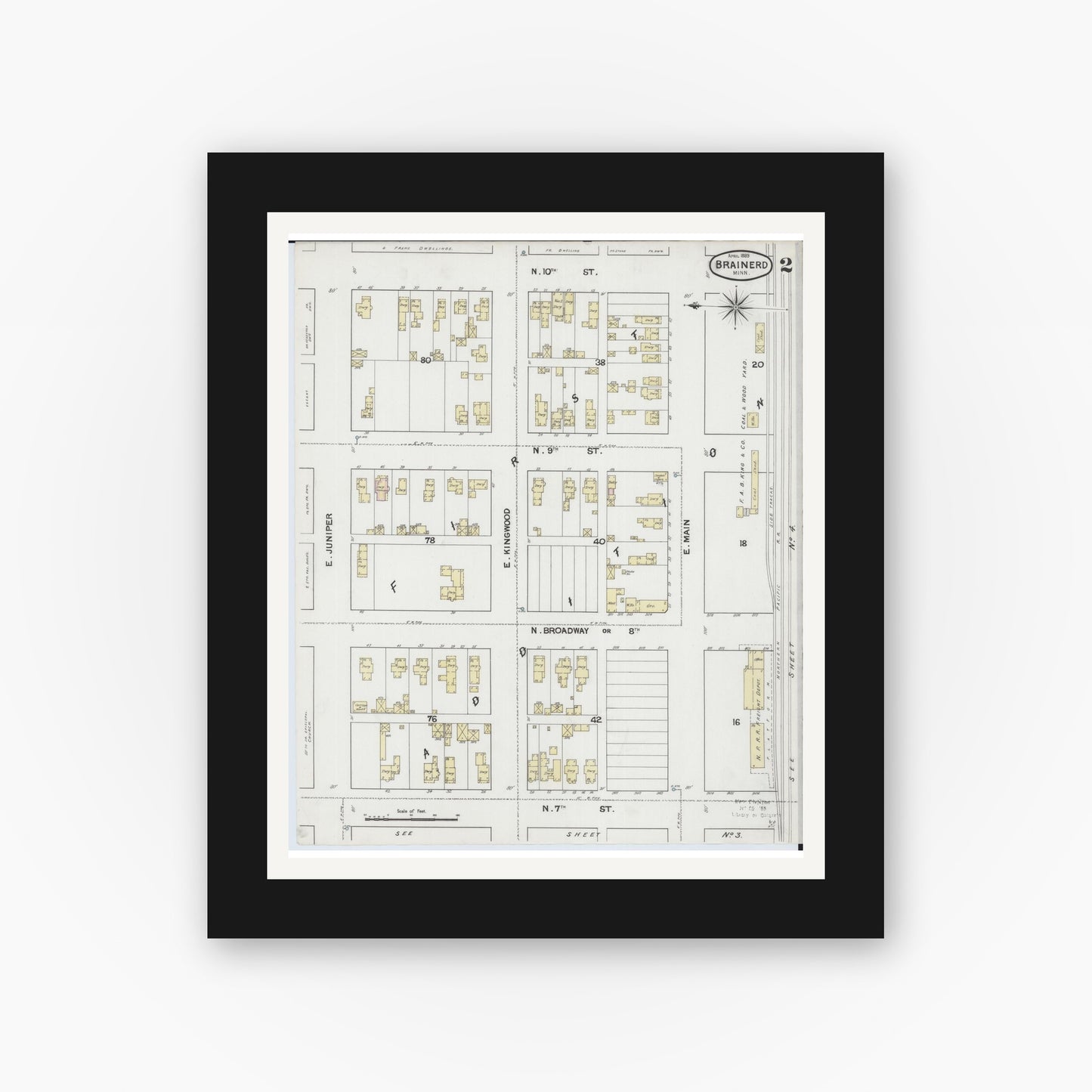 Old map wall art mockup — black gallery frame with white mat — Sanborn Fire Insurance Map from Brainerd, Crow Wing County, Minnesota (1889), Sheet #0002